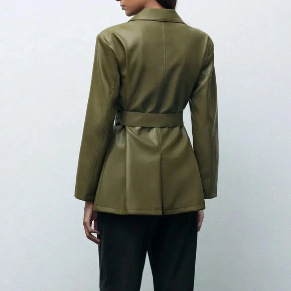 Army Green Elegant Women's Front Button Pocket Belted Long Sleeve Blazer Jacket - Picture 2 of 8